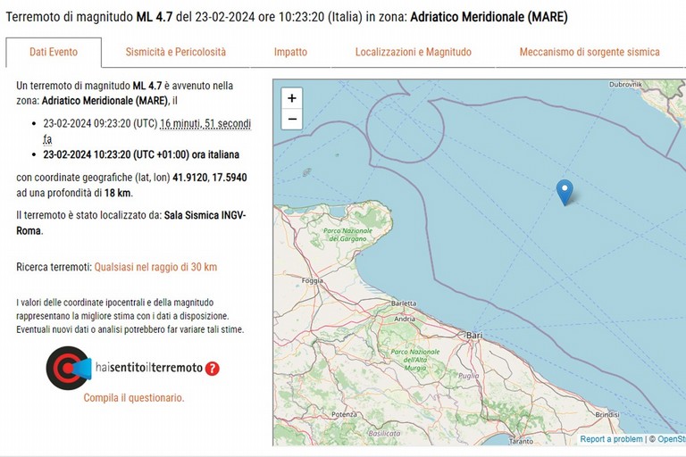 Scossa di terremoto nel nord-barese: avvertita anche a Ruvo di Puglia